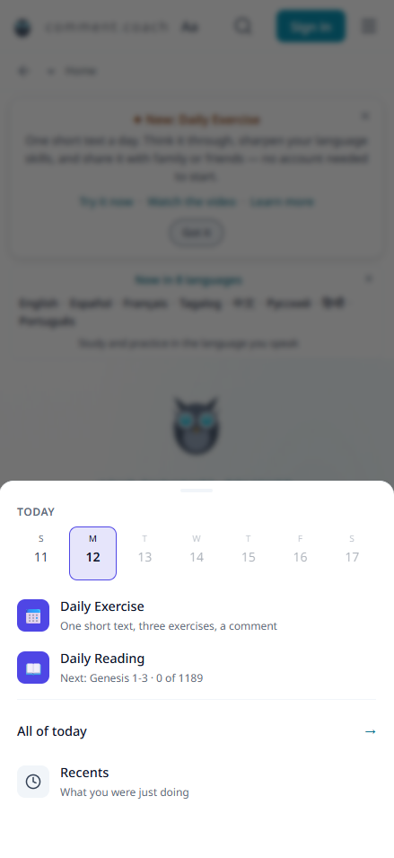 Footer Today tab showing Daily Practice and Daily Reading entries