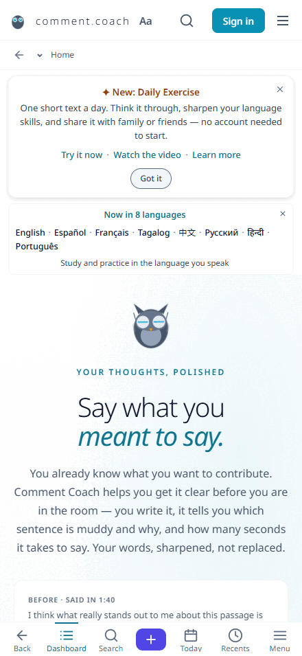 Comment Coach home page with the Daily Practice banner