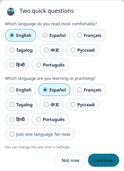 Language picker dialog with eight languages, primary and learning selection
