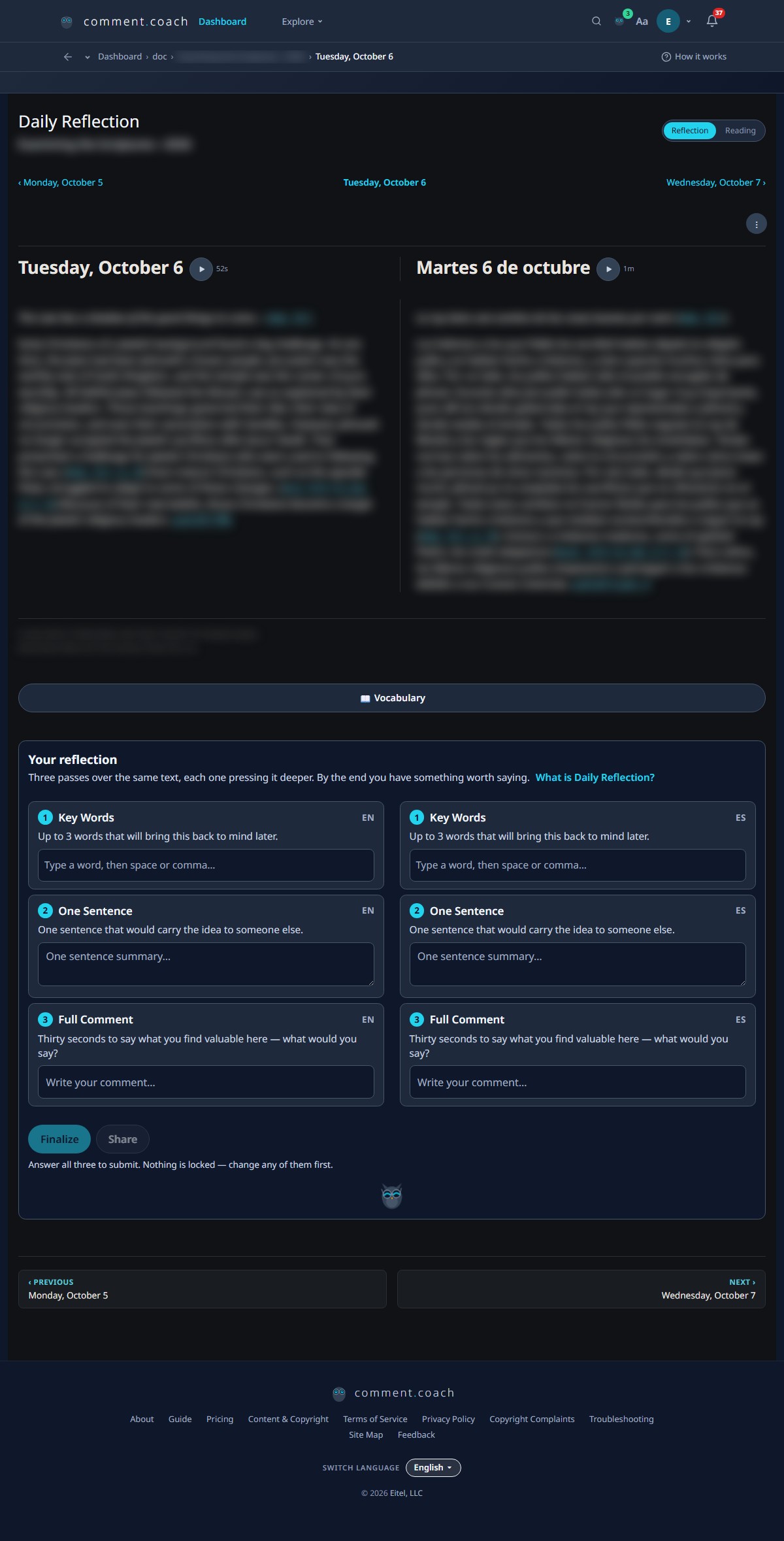 Daily Reflection showing a bilingual English–Spanish layout with the reading text