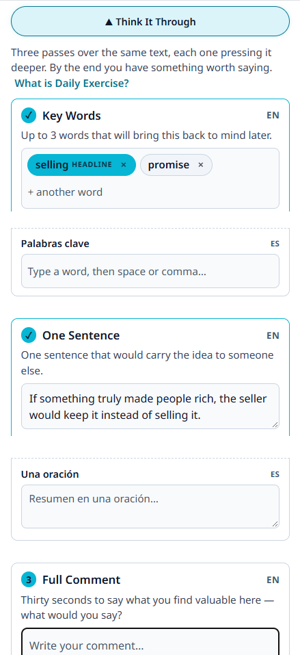 Exercises partially filled: key words and one sentence entered, full comment next