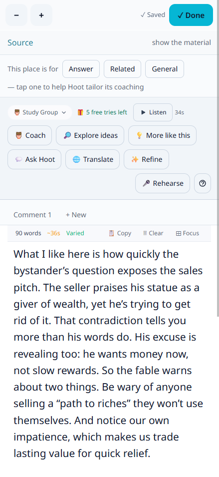 Workbench with the full comment written, word count and tools visible
