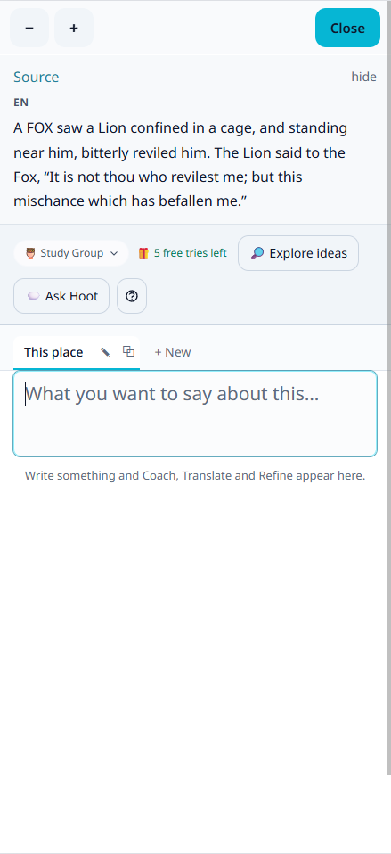 Workbench opened with a blank comment area and the source text visible