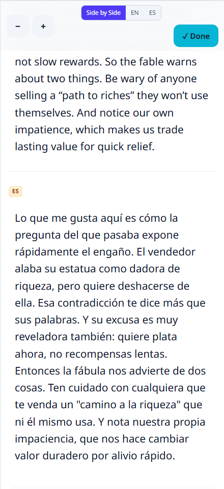 Translated comment showing English and Spanish side by side