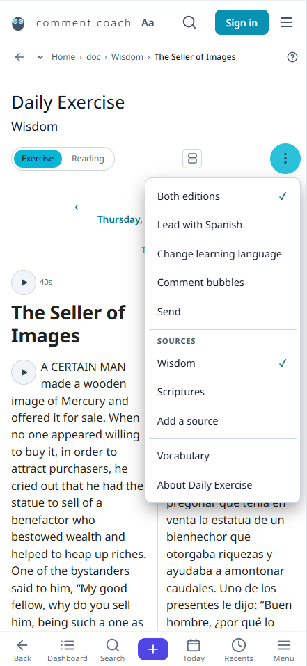The ⋮ menu showing Both editions, Lead with Spanish, sources, and layout options