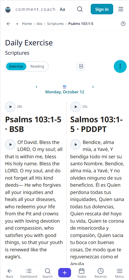 Scriptures source showing Psalms 103:1-5 in bilingual columns