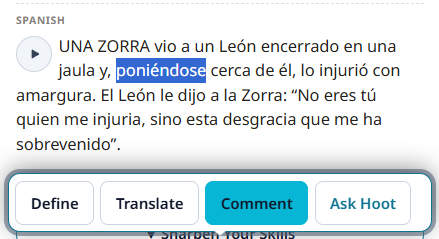 Word 'poniéndose' selected with Define, Translate, Comment, and Ask Hoot toolbar