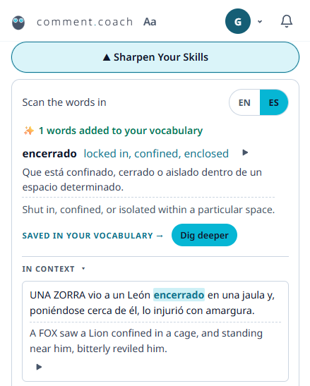 Word detail for 'encerrado' showing definition, context sentence, and Dig Deeper button