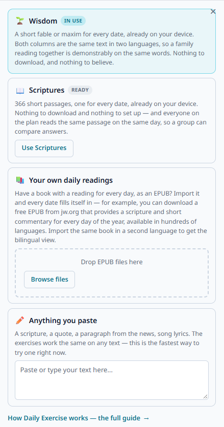 Source picker showing Fables and Maxims in use, Scriptures, Your own daily readings, and Paste