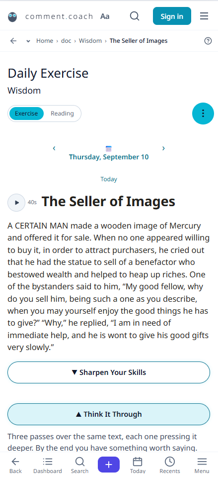 September 10 Fables and Maxims reading, The Seller of Images, in a single language