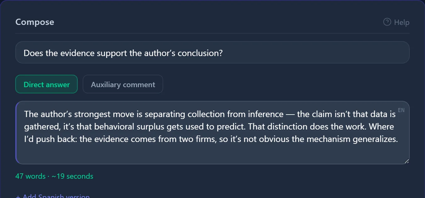 The compose screen in Comment Coach: a question at the top, a finished comment beneath it, and the line that says how many words it is and how many seconds it takes to say.